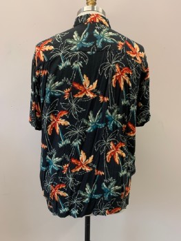 Mens, Hawaiian Shirt, RON CHERESKIN, Black, Orange, Multi-color, Rayon, Hawaiian Print, XL, C.A., B.F., S/S, 1 Patch Pckt, Dark Olive, Red Orange, And Teal Blue Palm Trees, Olive Outline Of Palm Trees