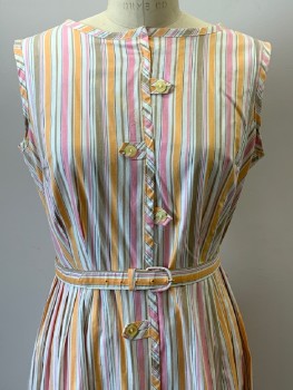 BEA YOUNG, Pink, Orange, Lt Brown, White, Cotton, Stripes - Vertical , Sleeveless, Boat Neck, Decorative Button Front, Pleated Skirt, Back Zip, With Matching Waist Belt