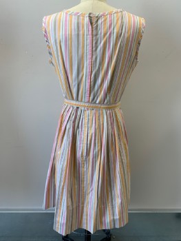 BEA YOUNG, Pink, Orange, Lt Brown, White, Cotton, Stripes - Vertical , Sleeveless, Boat Neck, Decorative Button Front, Pleated Skirt, Back Zip, With Matching Waist Belt