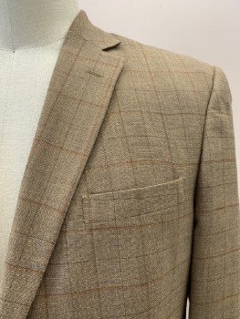 Mens, Sportcoat/Blazer, JOS. A. BANK, Lt Brown, Wool, Plaid-  Windowpane, 44S, Single Breasted, 2 Bttns, Notched Lapel, 3 Pckts, Brown And Orange Plaid