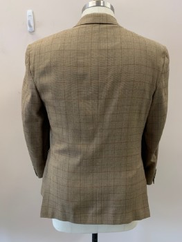 Mens, Sportcoat/Blazer, JOS. A. BANK, Lt Brown, Wool, Plaid-  Windowpane, 44S, Single Breasted, 2 Bttns, Notched Lapel, 3 Pckts, Brown And Orange Plaid