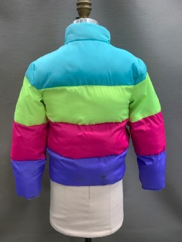 CAT & JACK, Turquoise Blue, Fuchsia Pink, Multi-color, Polyester, Stripes, Band Collar, Zip Front, 2 Pckts, Puffer, Quilted, Off White Sherpa Lining *Stain By Back Hem*