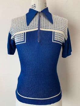 Mens, Polo Shirt, KNIT, Blue, White, Polyester, Color Blocking, M, S/S, C.A., Zip Front,