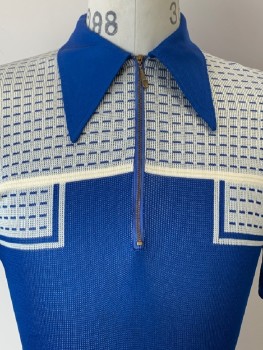 KNIT, Blue, White, Polyester, Color Blocking, S/S, C.A., Zip Front,