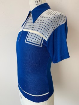 Mens, Polo Shirt, KNIT, Blue, White, Polyester, Color Blocking, M, S/S, C.A., Zip Front,