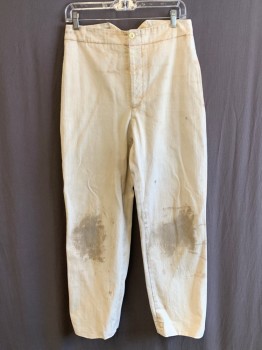 Mens, Historical Fiction Pants, NL, Beige, Cotton, Solid, 28, 30, F.F, Button Front, 2 Pocket, Inside Suspender Buttons, Stirrups, Aged/Distressed