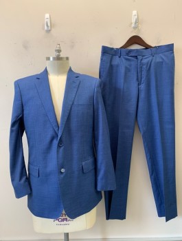 Mens, Suit, Jacket, Antonio Cardini, Cerulean Blue, Wool, Polyester, Solid, 42 R, Notched Lapel, 2 Buttons,  3 Pockets,