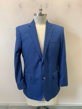 Mens, Suit, Jacket, Antonio Cardini, Cerulean Blue, Wool, Polyester, Solid, 42 R, Notched Lapel, 2 Buttons,  3 Pockets,