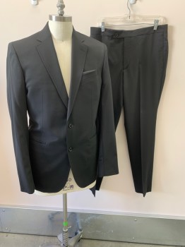 TED BAKER, Black, Wool, Solid, Notched Lapel, Single Breasted, Button Front, 2 Buttons, 3 Pockets, Attached Pocket Square