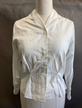 Womens, Blouse, MARY LEWIS SEARS, White, Cotton, Solid, W:32, B:40, Long Sleeves, Button Front, Curved Pointed Collar Attached, Buttons in Groups of 2, Pleats at Waist,