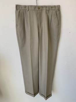 Mens, Pants, N/L, Putty/Khaki Gray, Poly/Cotton, Solid, L30, W34, Zip Front, Pleated Front, 4 Pockets, Cuffed, Self Plaid