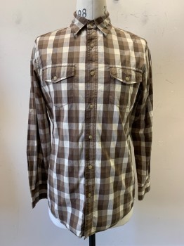 Sonoma, Brown, Tan Brown, Beige, Cotton, Check , L/S, Button Front, Collar Attached, Chest Pockets