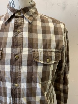 Sonoma, Brown, Tan Brown, Beige, Cotton, Check , L/S, Button Front, Collar Attached, Chest Pockets