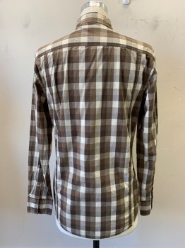 Mens, Shirt, Sonoma, Brown, Tan Brown, Beige, Cotton, Check , S, L/S, Button Front, Collar Attached, Chest Pockets