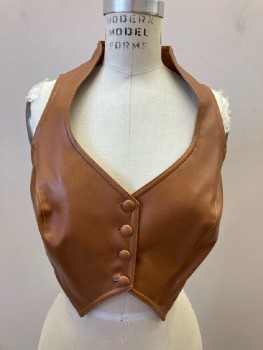 Womens, Vest, TRASHY LINGERIE, M, Medium Brown Vinyl, Queen Ann Neck Line, Princess Seam, 4 Self Covered Buttons Front, Pointed Hem, Cropped