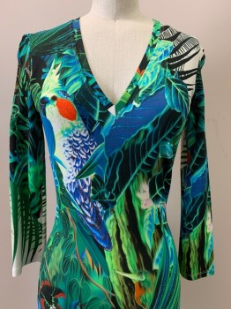 ROBERTO CAVALLI, Green, Blue, White, Red-Orange, Pink, Spandex, Polyester, Tropical , L/S, V Neck, Body Con, Stretchy, Pullover