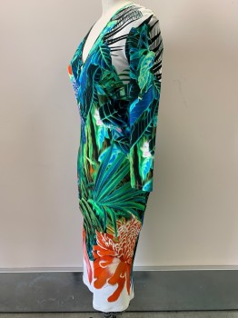 ROBERTO CAVALLI, Green, Blue, White, Red-Orange, Pink, Spandex, Polyester, Tropical , L/S, V Neck, Body Con, Stretchy, Pullover