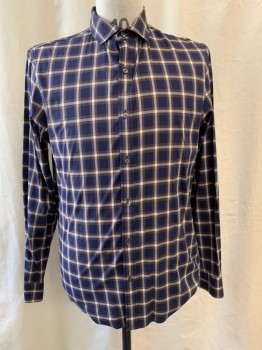 Mens, Casual Shirt, MICHAEL KORS, Navy Blue, Brown, White, Polyester, Plaid, 34-35, 16/, Collar Attached, Button Front, Long Sleeves