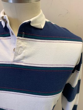 REGENT HOUSE, White, Navy Blue, Dk Green, Maroon Red, Cotton, Stripes, 1980s, Polo, L/S, Ribbed Waistband and Cuffs, 3 Buttons