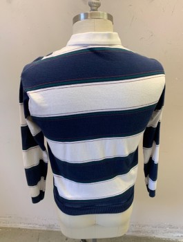 REGENT HOUSE, White, Navy Blue, Dk Green, Maroon Red, Cotton, Stripes, 1980s, Polo, L/S, Ribbed Waistband and Cuffs, 3 Buttons