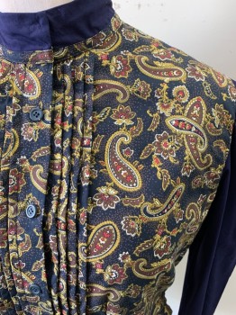 Womens, Historical Fiction Blouse, MTO, Navy Blue, Multi-color, Cotton, Paisley/Swirls, Color Blocking, N15, B42, Button Front, Mandarin Collar, Pleated Front, Back Peplum