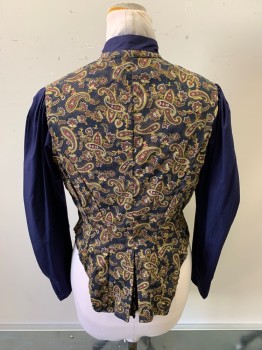 Womens, Historical Fiction Blouse, MTO, Navy Blue, Multi-color, Cotton, Paisley/Swirls, Color Blocking, N15, B42, Button Front, Mandarin Collar, Pleated Front, Back Peplum