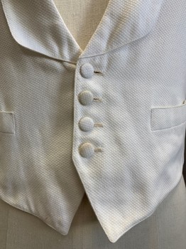 NO LABEL, Cream, Silk, Solid, Self Squared Pattern, Shawl Collar, 4 Button Front, Welt Pockets, Back Waist Strap Belt, Missing Buckle, Aged & Stained
