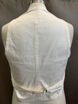 Mens, Vest 1890s-1910s, NO LABEL, Cream, Silk, Solid, 42, Self Squared Pattern, Shawl Collar, 4 Button Front, Welt Pockets, Back Waist Strap Belt, Missing Buckle, Aged & Stained
