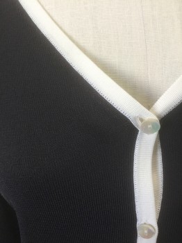 LAURA SCOTT, Black, White, Rayon, Nylon, Solid, Lightweight Knit, Black with White Trim at Neck, Center Front, and Stripes at Cuffs and Hem, Long Sleeves, V-neck, 6 Buttons