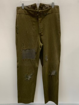 NL, Brown, Wool, Cotton, Solid, F.F, Button Front, 2 Pockets, Back Half Belt, Aged/Distressed, Patches