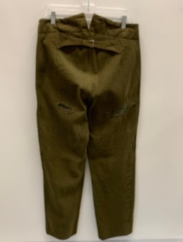 Mens, Historical Fiction Pants, NL, Brown, Wool, Cotton, Solid, 34, 34, F.F, Button Front, 2 Pockets, Back Half Belt, Aged/Distressed, Patches