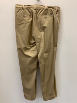 IZOD, Khaki Brown, Polyester, Cotton, Solid, Pleated, Side And Back Pockets, Zip Front, Belt Loops,