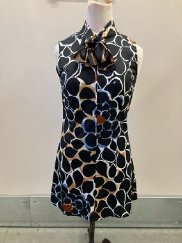 CASUAL CORNER, Black/White/Blue/Tan Poly Knit Abstract, Scarf Tie Neck, Slvls, Front Zip,  A-line, Knee Length