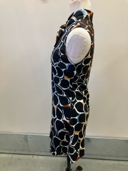 CASUAL CORNER, Black/White/Blue/Tan Poly Knit Abstract, Scarf Tie Neck, Slvls, Front Zip,  A-line, Knee Length