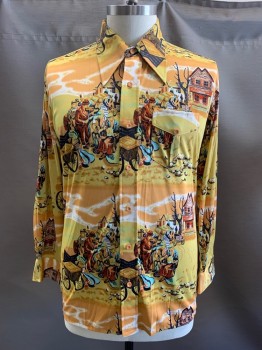 MARTINI, Yellow, Orange, White, Mint Green, Brown, Polyester, Human Figure, Novelty Pattern, C.A., B.F., L/S, 1 Pleated Pocket