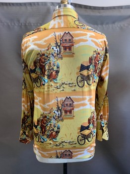 MARTINI, Yellow, Orange, White, Mint Green, Brown, Polyester, Human Figure, Novelty Pattern, C.A., B.F., L/S, 1 Pleated Pocket