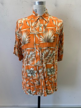 Mens, Hawaiian Shirt, PIERRE CARDIN, Orange, Dk Beige, Rayon, Floral, M, C.A., Button Front, S/S, 1 Pocket,