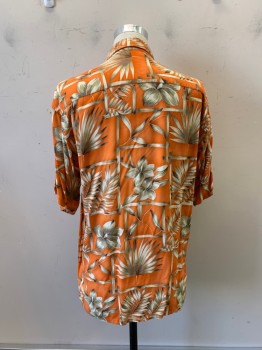 Mens, Hawaiian Shirt, PIERRE CARDIN, Orange, Dk Beige, Rayon, Floral, M, C.A., Button Front, S/S, 1 Pocket,
