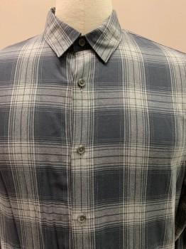 VINCE, Charcoal Gray, Gray, Cotton, Rayon, Plaid, L/S, Button Front, Collar Attached