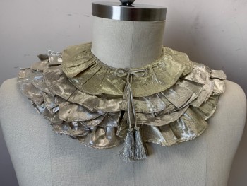 Unisex, Historical Fiction Collar, VELVETEEN, White Gold, Lurex, 4 Flat Layers of Ruffles, 1 Button CF with Bow & Tassels to Hide It.