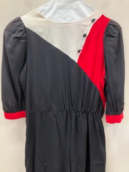 Womens, Jumpsuit, HILL STREET CLOTHING, Black, Red, Off White, Acetate, Nylon, Color Blocking, B: 34, 4, W:26, Round Neck, 3/4 Sleeves, 3 Black Decorative Buttons, Elastic Waist Band, Back Zip