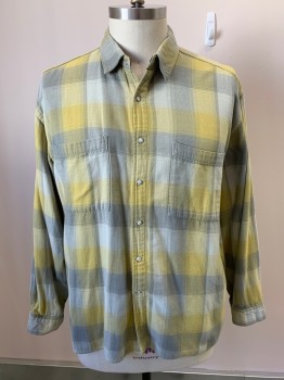 HORNY TOAD, Lt Gray, Yellow, Cotton, Plaid, L/S, Snap Front, Pockets, White/Gray Snaps, Embroiderred Logo On Back Neck