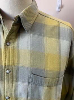 HORNY TOAD, Lt Gray, Yellow, Cotton, Plaid, L/S, Snap Front, Pockets, White/Gray Snaps, Embroiderred Logo On Back Neck