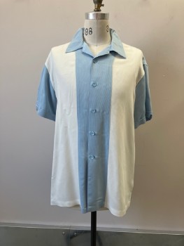 HARRINGTON, Lt Blue, White, Rayon, Polyester, Color Blocking, Boxy Bowling Style, Spread Collar, B.F., S/S with Cuffs And Notch/button Detail, Side Slits At Hem, Pleats From Back Yoke