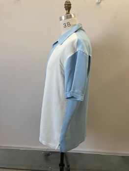 HARRINGTON, Lt Blue, White, Rayon, Polyester, Color Blocking, Boxy Bowling Style, Spread Collar, B.F., S/S with Cuffs And Notch/button Detail, Side Slits At Hem, Pleats From Back Yoke
