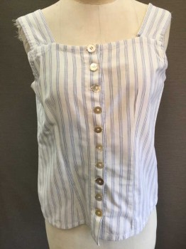 N/L, White, Blue, Cotton, Stripes - Vertical , Square Neck, Wide Straps, Button Front, Left Shoulder Strap Starting To Pull Away From Bodice