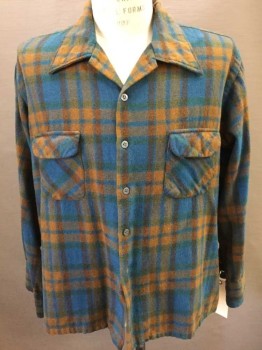 BREWSTER, Teal Blue, Tan Brown, Green, Brown, Wool, Plaid, Long Sleeves, Button Front, 2 Pockets,