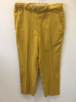 BEN HOGAN, Dijon Yellow, Synthetic, Solid, Flat Front, Gold Buckle Self Belt with Award Cup, Pockets, No Waistband, Textured Weave