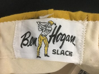 BEN HOGAN, Dijon Yellow, Synthetic, Solid, Flat Front, Gold Buckle Self Belt with Award Cup, Pockets, No Waistband, Textured Weave