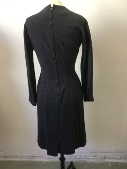 JONATHAN LOGAN, Charcoal Gray, Gray, Cream, Wool, Heathered, Crew Neck, Wool Jersey. 5 Tiny Covered Buttons at Center Front, Gray & Cream Vertical Stripes at Front. Bust Darts, Long Sleeves, Zipper Center Back,